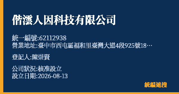 偕澐人因科技有限公司的照片-統編 62112938(臺中市) 公司登記資料與營業項目詳細圖表