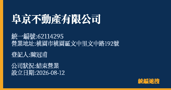 阜京不動產有限公司的照片-統編 62114295 公司登記資料與營業項目詳細圖表