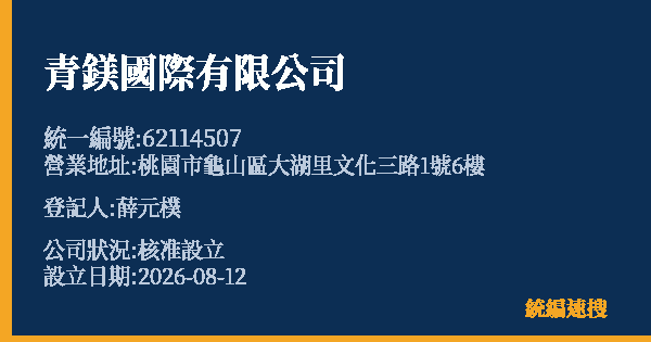 青鎂國際有限公司的照片-統編 62114507(桃園市) 公司登記資料與營業項目詳細圖表