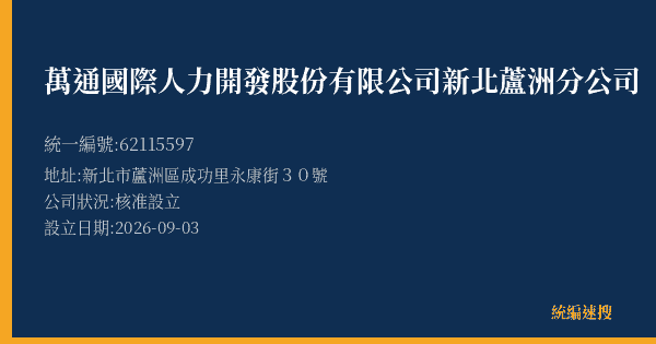 萬通國際人力開發股份有限公司新北蘆洲分公司的照片-統編 62115597(新北市) 公司登記資料與營業項目詳細圖表
