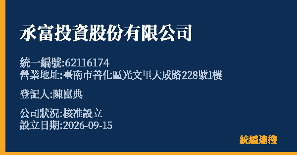 氶富投資股份有限公司的照片-統編 62116174(臺南市) 公司登記資料與營業項目詳細圖表