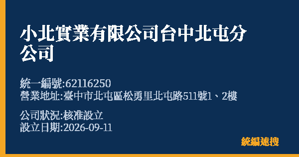 小北實業有限公司台中北屯分公司的照片-統編 62116250(臺中市) 公司登記資料與營業項目詳細圖表