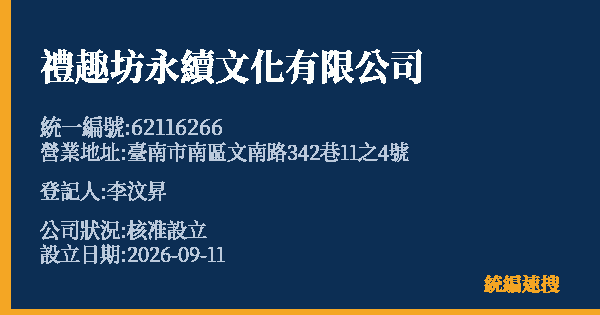 禮趣坊永續文化有限公司的照片-統編 62116266(臺南市) 公司登記資料與營業項目詳細圖表