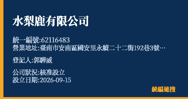 水梨鹿有限公司的照片-統編 62116483(臺南市) 公司登記資料與營業項目詳細圖表