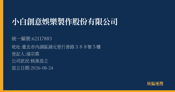 小白創意娛樂製作股份有限公司的照片-統編 62117883(臺北市) 公司登記資料與營業項目詳細圖表