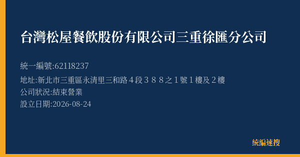 台灣松屋餐飲股份有限公司三重徐匯分公司的照片-統編 62118237(新北市) 公司登記資料與營業項目詳細圖表