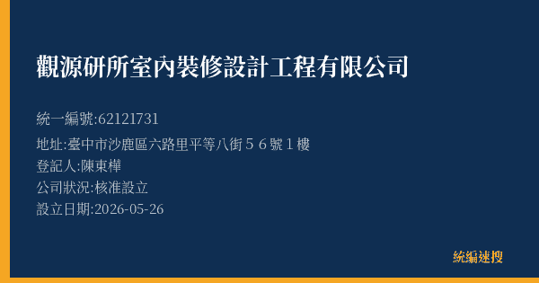 觀源研所室內裝修設計工程有限公司的照片-統編 62121731(臺中市) 公司登記資料與營業項目詳細圖表