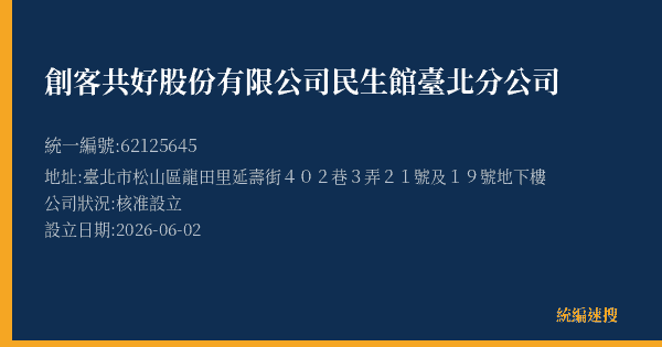 創客共好股份有限公司民生館臺北分公司的照片-統編 62125645(臺北市) 公司登記資料與營業項目詳細圖表