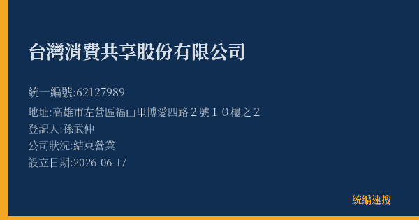 台灣消費共享股份有限公司的照片-統編 62127989 公司登記資料與營業項目詳細圖表