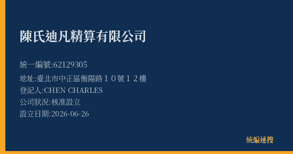 陳氏迪凡精算有限公司的照片-統編 62129305(臺北市) 公司登記資料與營業項目詳細圖表