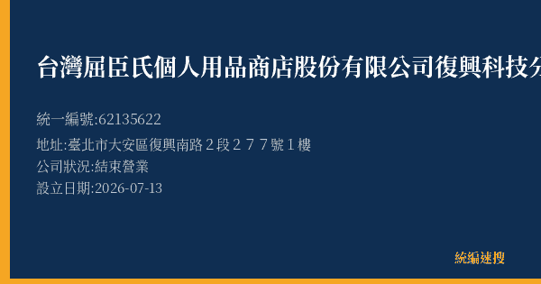 台灣屈臣氏個人用品商店股份有限公司復興科技分公司的照片-統編 62135622 公司登記資料與營業項目詳細圖表