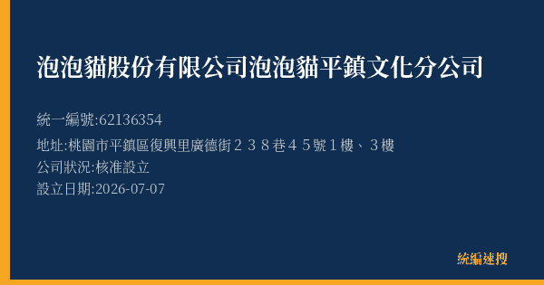 泡泡貓股份有限公司泡泡貓平鎮文化分公司的照片-統編 62136354 公司登記資料與營業項目詳細圖表