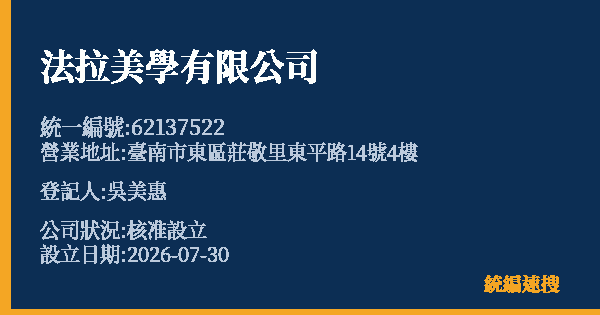 法拉美學有限公司的照片-統編 62137522(臺南市) 公司登記資料與營業項目詳細圖表