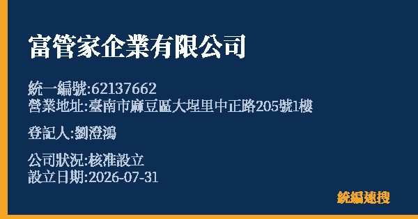 富管家企業有限公司的照片-統編 62137662(臺南市) 公司登記資料與營業項目詳細圖表
