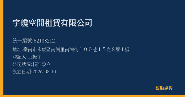 宇瓊空間租賃有限公司的照片-統編 62138212(臺南市) 公司登記資料與營業項目詳細圖表