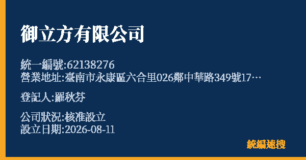御立方有限公司的照片-統編 62138276(臺南市) 公司登記資料與營業項目詳細圖表