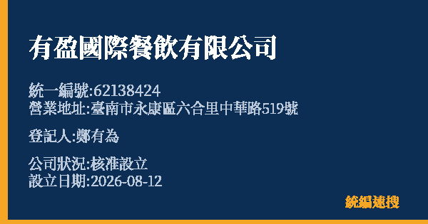 有盈國際餐飲有限公司的照片-統編 62138424(臺南市) 公司登記資料與營業項目詳細圖表
