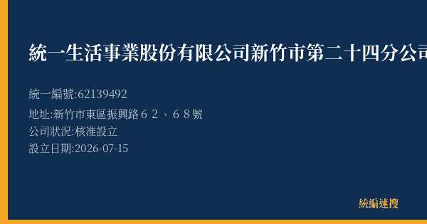 統一生活事業股份有限公司新竹市第二十四分公司的照片-統編 62139492(新竹市) 公司登記資料與營業項目詳細圖表