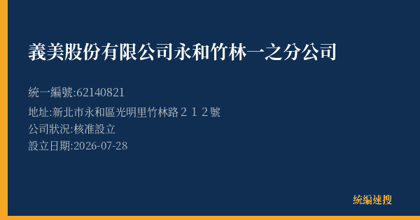 義美股份有限公司永和竹林一之分公司的照片-統編 62140821 公司登記資料與營業項目詳細圖表