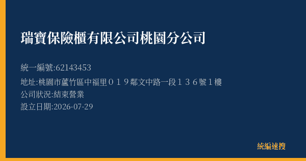 瑞寶保險櫃有限公司桃園分公司的照片-統編 62143453(桃園市) 公司登記資料與營業項目詳細圖表