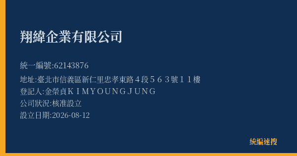 翔緯企業有限公司的照片-統編 62143876(臺北市) 公司登記資料與營業項目詳細圖表