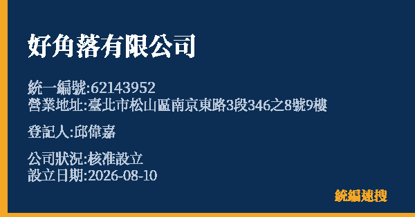 好角落有限公司的照片-統編 62143952(臺北市) 公司登記資料與營業項目詳細圖表