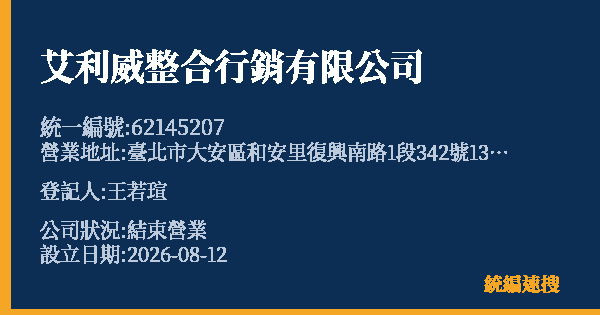 艾利威整合行銷有限公司的照片-統編 62145207 公司登記資料與營業項目詳細圖表