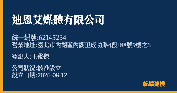 迪恩艾媒體有限公司的照片-統編 62145234(臺北市) 公司登記資料與營業項目詳細圖表
