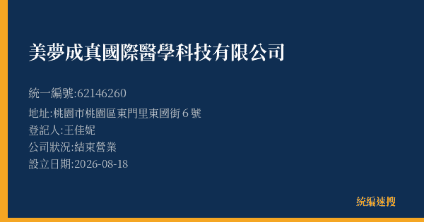 美夢成真國際醫學科技有限公司的照片-統編 62146260(桃園市) 公司登記資料與營業項目詳細圖表
