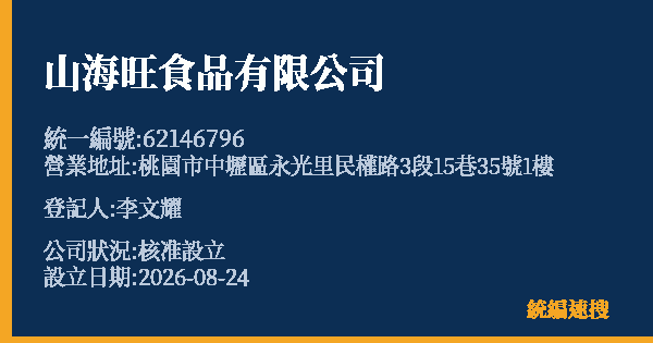 山海旺食品有限公司的照片-統編 62146796 公司登記資料與營業項目詳細圖表