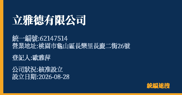 立雅德有限公司的照片-統編 62147514(桃園市) 公司登記資料與營業項目詳細圖表