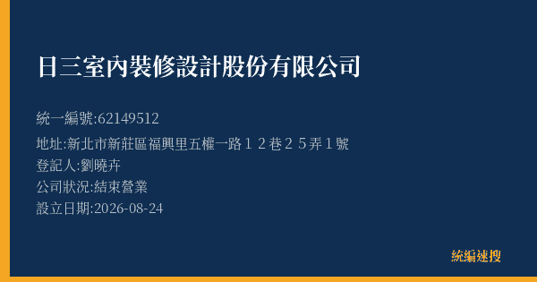 日三室內裝修設計股份有限公司的照片-統編 62149512(新北市) 公司登記資料與營業項目詳細圖表