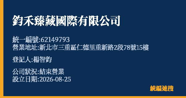 鈞禾臻藏國際有限公司的照片-統編 62149793(新北市) 公司登記資料與營業項目詳細圖表