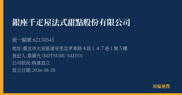 銀座千疋屋法式甜點股份有限公司的照片-統編 62150545(臺北市) 公司登記資料與營業項目詳細圖表