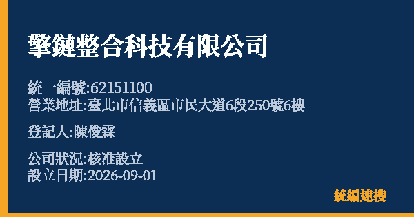擎鏈整合科技有限公司的照片-統編 62151100(臺北市) 公司登記資料與營業項目詳細圖表