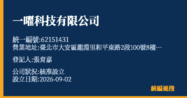 一曜科技有限公司的照片-統編 62151431(臺北市) 公司登記資料與營業項目詳細圖表