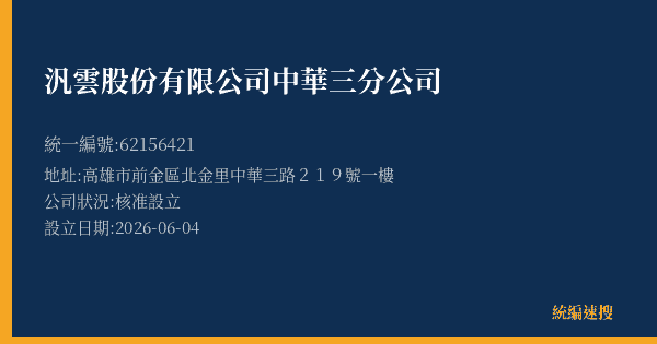 汎雲股份有限公司中華三分公司的照片-統編 62156421(高雄市) 公司登記資料與營業項目詳細圖表