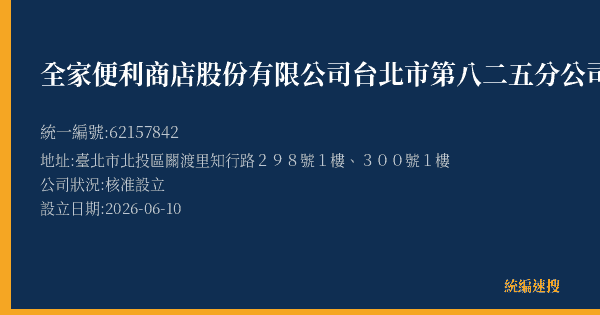 全家便利商店股份有限公司台北市第八二五分公司的照片-統編 62157842(臺北市) 公司登記資料與營業項目詳細圖表