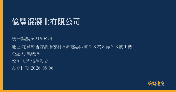 億豐混凝土有限公司的照片-統編 62160874(花蓮縣) 公司登記資料與營業項目詳細圖表