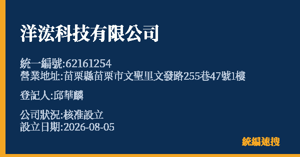 洋浤科技有限公司的照片-統編 62161254(苗栗縣) 公司登記資料與營業項目詳細圖表