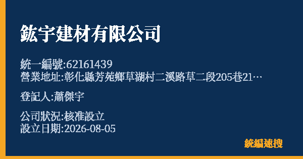 鈜宇建材有限公司的照片-統編 62161439(彰化縣) 公司登記資料與營業項目詳細圖表