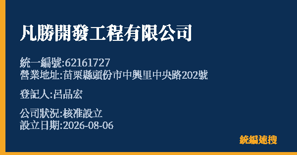 凡勝開發工程有限公司的照片-統編 62161727(苗栗縣) 公司登記資料與營業項目詳細圖表