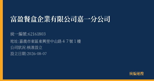 富盈餐盒企業有限公司嘉一分公司的照片-統編 62161803(嘉義市) 公司登記資料與營業項目詳細圖表