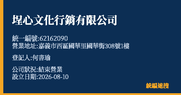埕心文化行銷有限公司的照片-統編 62162090 公司登記資料與營業項目詳細圖表