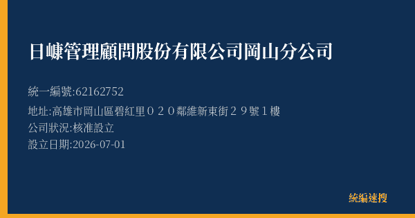 日嵻管理顧問股份有限公司岡山分公司的照片-統編 62162752(高雄市) 公司登記資料與營業項目詳細圖表