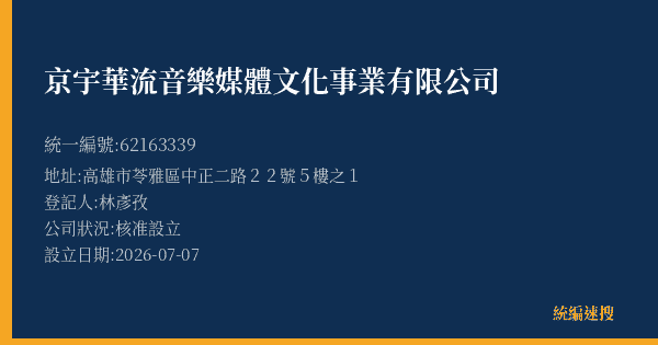 京宇華流音樂媒體文化事業有限公司的照片-統編 62163339(高雄市) 公司登記資料與營業項目詳細圖表
