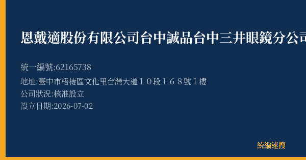 恩戴適股份有限公司台中誠品台中三井眼鏡分公司的照片-統編 62165738(臺中市) 公司登記資料與營業項目詳細圖表