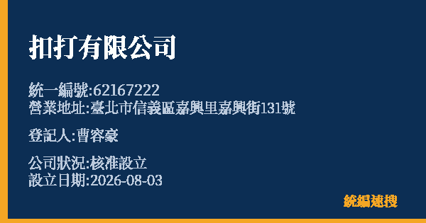 扣打有限公司的照片-統編 62167222(臺北市) 公司登記資料與營業項目詳細圖表
