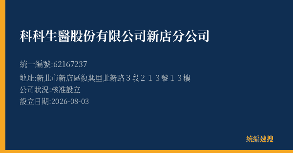 科科生醫股份有限公司新店分公司的照片-統編 62167237(新北市) 公司登記資料與營業項目詳細圖表