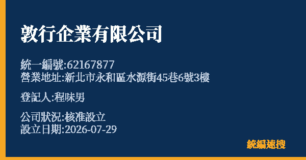 敦行企業有限公司的照片-統編 62167877(新北市) 公司登記資料與營業項目詳細圖表